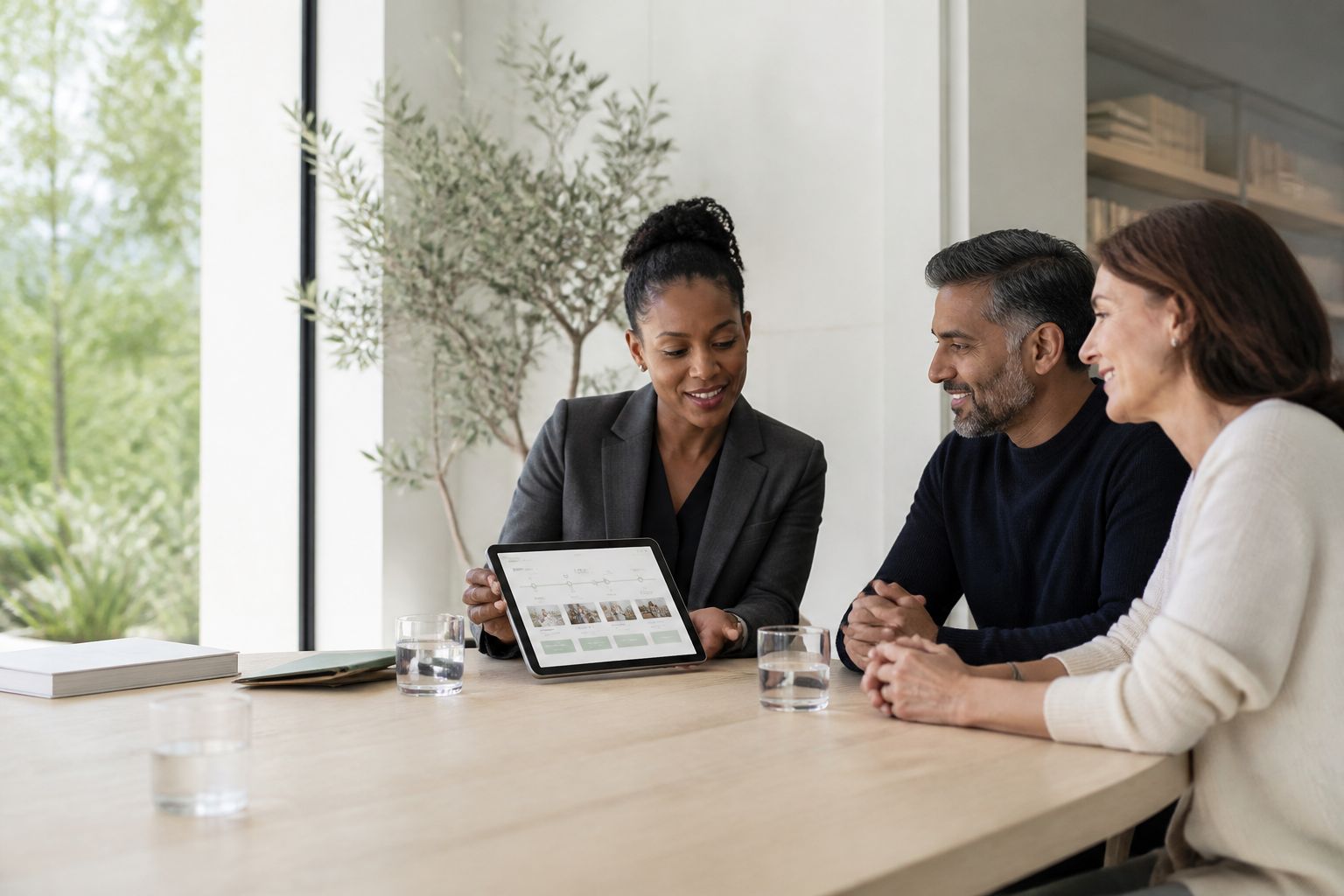 A business owner walking two clients through their plan on a tablet at a table in a bright office