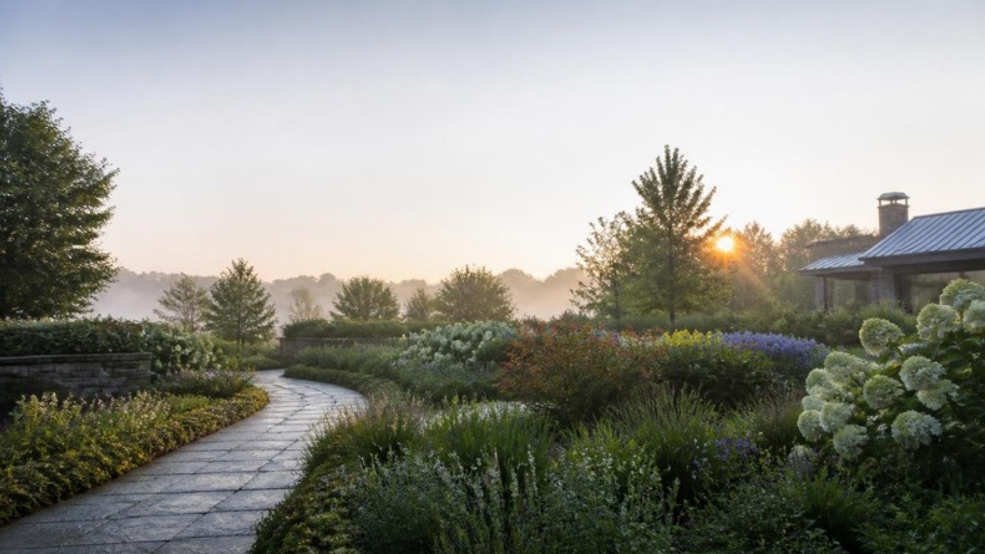 A landscaped garden at first light, mist over layered plantings